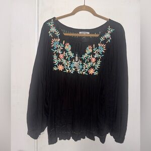 World Market Black Blouse with Colorful Embroidery